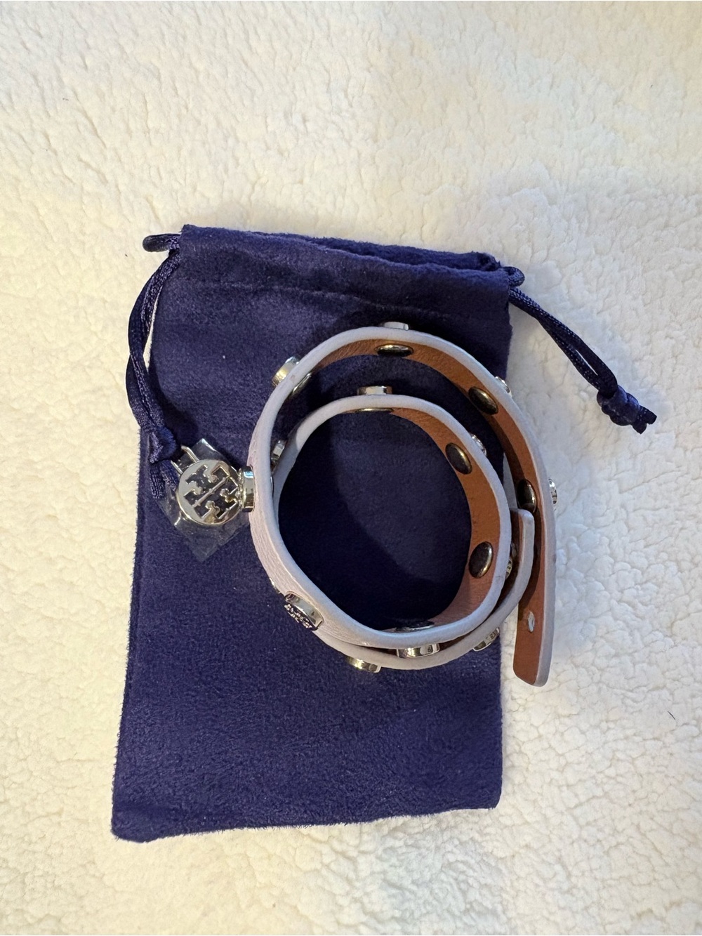 Tory Burch Double-Wrap Leather Bracelet in Light Lavender with Silver Studs Logo
